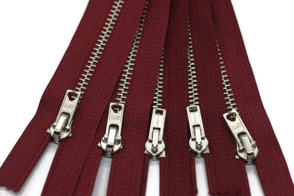 5 Pcs Claret Red Metal zippers with brass teeth, Tip #4, 18 cm (7 inches) zipper, Jean Zipper, dress zipper, lightweight zipper, teeth zip