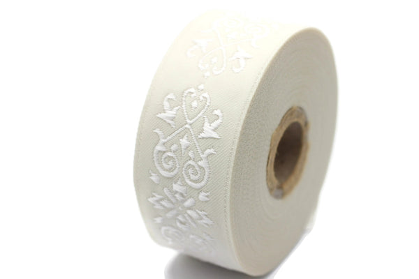 35 mm White-Beige Victorian Jade Jacquard Ribbon 1.37 (inch) | Embroidered Bordure | Fabric Tapestry for Embellishment Craft | 35271