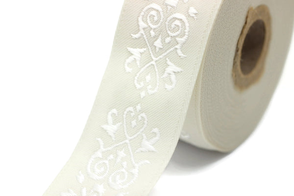 35 mm White-Beige Victorian Jade Jacquard Ribbon 1.37 (inch) | Embroidered Bordure | Fabric Tapestry for Embellishment Craft | 35271
