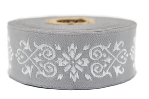 35mm White-Gray Victorian Jade Jacquard Ribbon 1.37(inch) | Embroidered Bordure | Fabric Tapestry for Embellishment Craft Home Decor | 35271
