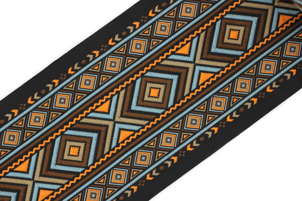 100 mm Blue&Orange African Motif Ribbon (3.93 inches, Vintage Jacquard, African Pattern Ribbon, Sewing Trim, Huge Trim, Large ribbon, 100995