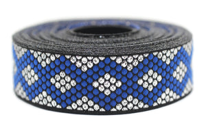 22 mm Blue/Silver Metallic Ribbon, chevron trim,  jacquard trim, craft supplies, vintage trim, guitar ribbons, Brocade Ribbon, 22305