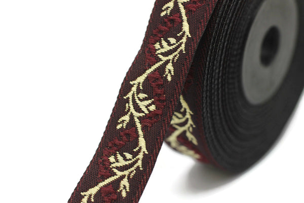 16 mm Claret Red&Gold Tulips embroidered jacquard Ribbons (0.62 inches), Jacquard trim, craft supplies, collar supply, sewing trim, 16094