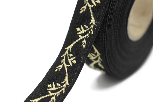 16 mm Black&Gold Tulips embroidered jacquard Ribbons (0.62 inches), Jacquard trim, craft supplies, collar supply, sewing trim, 16094