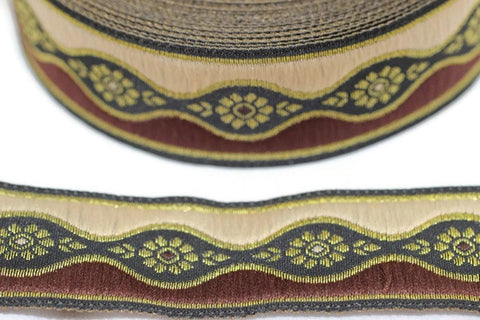 35 mm Brown Floral Vintage ribbon (1.37 inches), floral embroidered ribbon, Decorative ribbon, Craft Ribbon, Jacquard ribbon, Trim, 35924