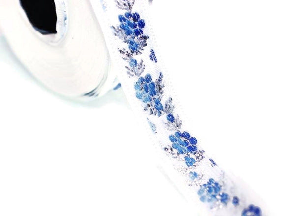 35 mm White Front Blue&Silver Floral Jacquard ribbon (1.37 inches, Jacquard trim, Balkans Decorative Ribbon, Sewing Trim, Collar Trim, 35011