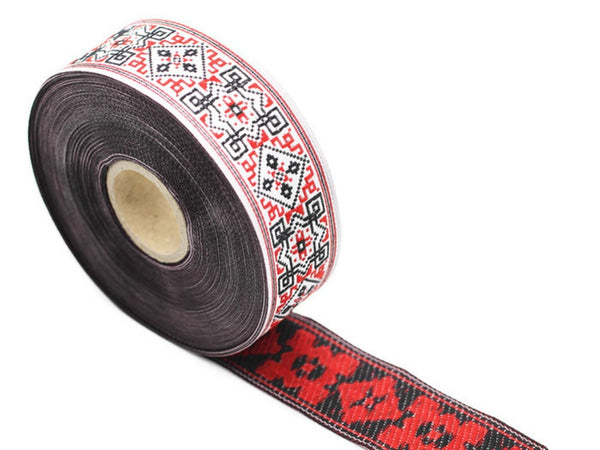 28 mm Red/White Geometric Ribbon  (1.10 inch, Jacquard ribbons, jacquard trims, wide trims, craft supplies, vintage trim, trimming, 28115