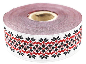 28 mm Red/White mosaic Ribbon (1.10 inch, Jacquard ribbons, jacquard trims, fabric wide trims, craft supplies, vintage trim, trimming, 28112
