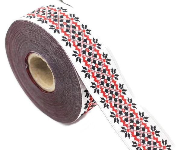 28 mm Red/White mosaic Ribbon (1.10 inch, Jacquard ribbons, jacquard trims, fabric wide trims, craft supplies, vintage trim, trimming, 28112