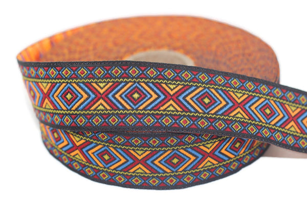 25 mm Orange and Blue Hippie Motif Ribbon (0.98 inches), Woven Trim, Ethnic Ornament Ribbon, Boho Style Trim, 25995