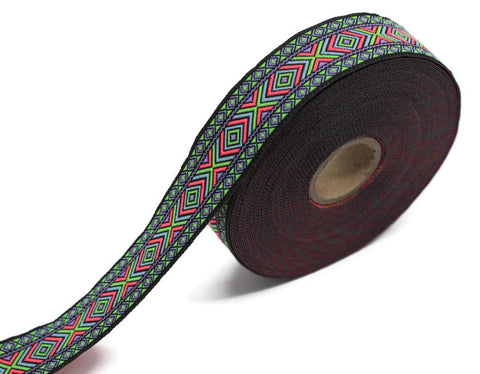 25 mm Forest Green Hippie Motif Ribbon (0.98 inches), Woven Trim, Ethnic Ornament Ribbon, Boho Style Trim 25995