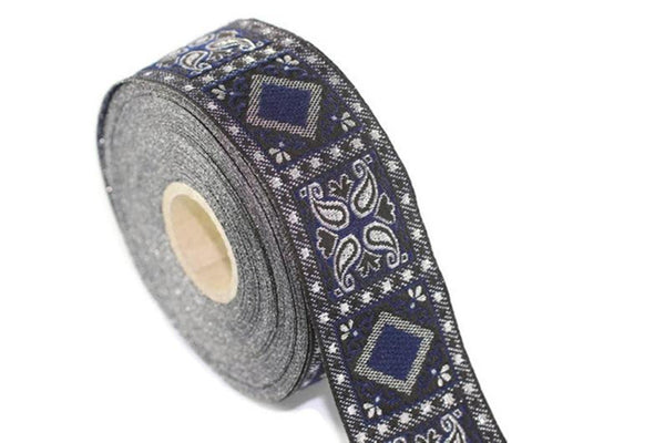 25 mm Blue/Silver Geometric Jacquard trim (0.98 inches), vintage Ribbon,  Decorative Craft Ribbon, Sewing, Jacquard ribbon, Trim, 25587