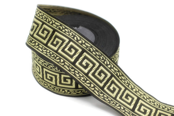 35 mm Black/Gold Greek Key ribbons (1.37 inches), ribbon trims, jacquard ribbons, fabric ribbons, vintage trim, geometric ribbons, 35060