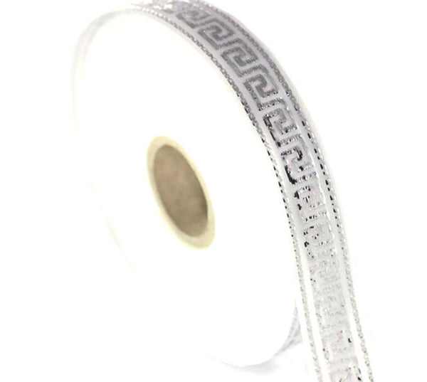 15 mm White&Silver Greek key Jacquard ribbons (0.59 inches, Jacquard trim, Sewing, Jacquard ribbons, Trim, dog collars, embroided trim