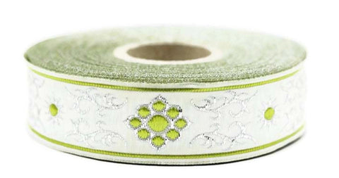 22 mm metallic Green jacquard ribbons (0.86 inches, native american embroidered trim, woven trim, woven jacquards, woven border, 22806