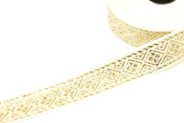 25 mm Cream&Gold Geometric ribbon (0.98 inches), Jacquard trim, Sewing, Jacquard ribbons, Trim, golden ribbon, embroidered ribbon, ribbon