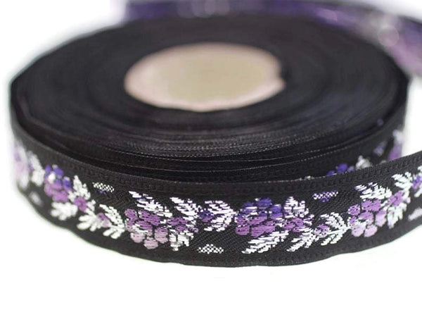 26 mm Black Front Purple Floral Jacquard ribbons (1.02 inches), Jacquard trim, Balkans Decorative Ribbon, Sewing Trim, Collar Trim, 26011