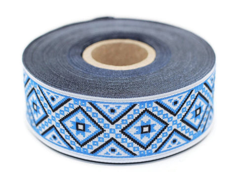 28 mm Blue/White Carpet Ribbon (1.10 inc, Jacquard ribbons, jacquard trims, fabric wide trims, craft supplies, vintage trim, trimming, 28116