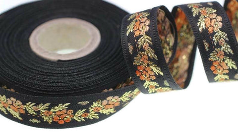 26 mm Black Front Orange Floral Jacquard ribbon (1.02 inches), Jacquard trim, Balkans Decorative Ribbon, Sewing Trim, Collar Trim, 26011