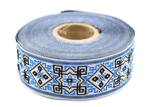 28 mm Blue/White Geometric Ribbon (1.10 inch, Jacquard ribbons, jacquard trims, wide trims, craft supplies, vintage trim, trimming, 28115