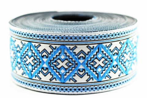 35 mm Blue/White Carpet Ribbon  (1.37 inches), Geometric trim,  jacquard trim, fabric wide trims, craft supplies, vintage trim, 35984