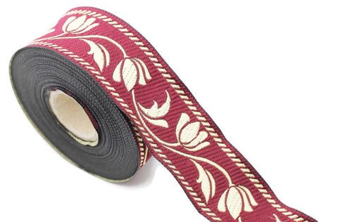 35 mm Claret red ribbons, Jacquard ribbons (1.37 inches), Tulips embroidered ribbon, Jacquard trim, ribbon trim, trimming, sewing trims,