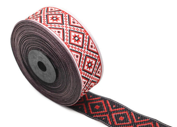 28 mm Red/White Carpet Ribbon (1.10 inch, Jacquard ribbons, jacquard trims, fabric wide trims, craft supplies, vintage trim, trimming, 28116