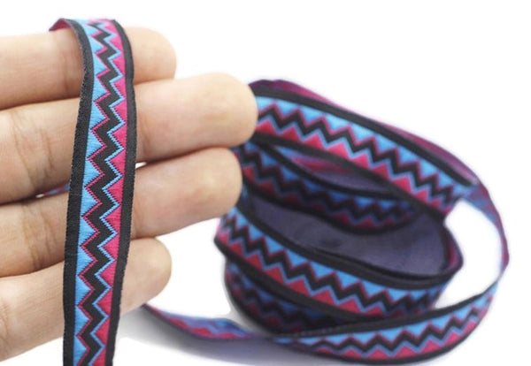 12 mm Blue/Pink triangle ribbon trim, 0.47inc, jacquard ribbons, french ribbon, Jacquard trim, sewing trim, Woven Ribbon, trimming, 12897