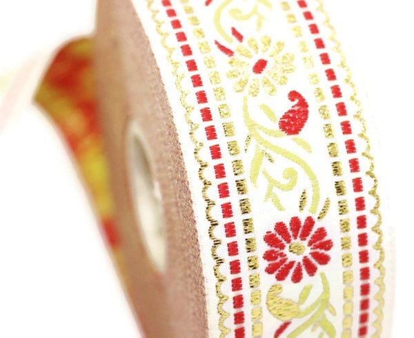 35 mm White & RedFloral Jacquard ribbons (1.37 inches), Jacquard trim, Sewing Trim, Collar Trim, Ribbon by the yards, Vintage ribbon 35095
