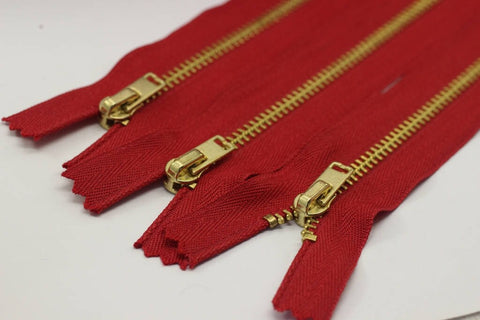 5 Pcs Red Metal zippers with gold brass teeth, 18-100cm (7-40inches zipper, Jean Zipper, dress zipper, Jacket zipper, teeth zipper, MTZF