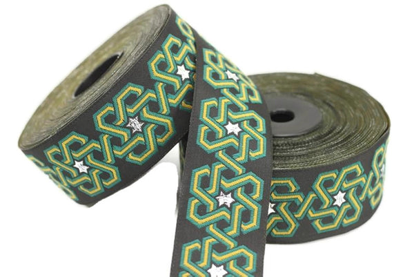 35 mm Stars motive Green jacquard Ribbons (1.37 inches), ribbon trim, jacquard trim, craft supplies, collar supply,  ribbon, 35974