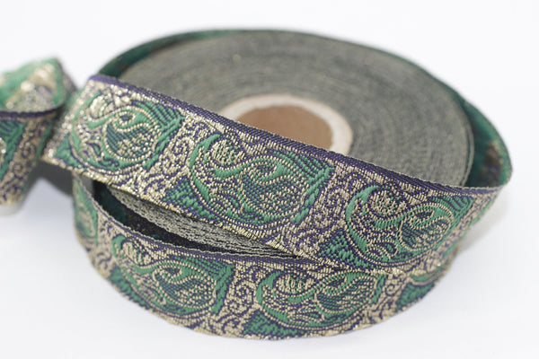 22 mm Green indian ribbon, woven ribbon, Jacquard trim (0.86 inches) Jacquard ribbon, vintage ribbon, indian trim, embroidered trim, INDW2