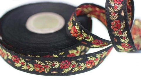 26 mm Black Front Red Floral Jacquard ribbon (1.02 inches), Jacquard trim, Balkans Decorative Ribbon, Sewing Trim, Collar Trim, 26011