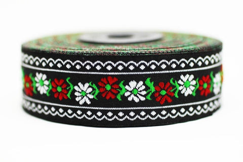 25 mm Black&White Floral Jacquard ribbon (0.98 inches) - jacquard ribbon - Dotted Ribbon - Sewing trim - woven trim - embroidered ribbon