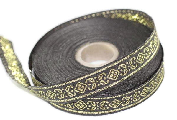 15 mm Black&Gold Geometric Jacquard ribbons, 0.59 inches, embroidered ribbon, jacquard trim, embroided trim, decorative ribbon, ribbon trim