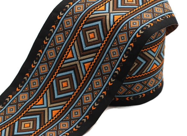 100 mm Blue&Orange African Motif Ribbon (3.93 inches, Vintage Jacquard, African Pattern Ribbon, Sewing Trim, Huge Trim, Large ribbon, 100995