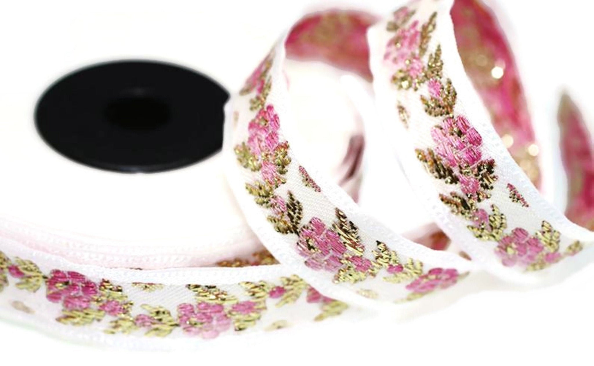 26 mm White Front Pink-Gold  Floral Jacquard ribbon (1.02 inches), Jacquard trim, Balkans Decorative Ribbon, Sewing Trim, Collar Trim, 26011
