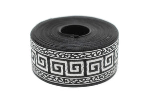 35 mm Black/Silver Greek Key ribbons (1.37 inches), ribbon trims, jacquard ribbons, fabric ribbons, vintage trim, geometric ribbons, 35060
