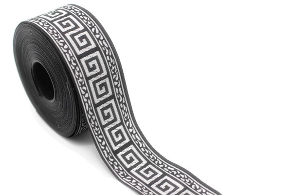 35 mm Black/Silver Greek Key ribbons (1.37 inches), ribbon trims, jacquard ribbons, fabric ribbons, vintage trim, geometric ribbons, 35060