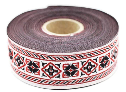 28 mm Red/White Embroidered Ribbon (1.10 inch, Jacquard ribbons, jacquard trims, wide trims, craft supplies, vintage trim, trimming, 28117