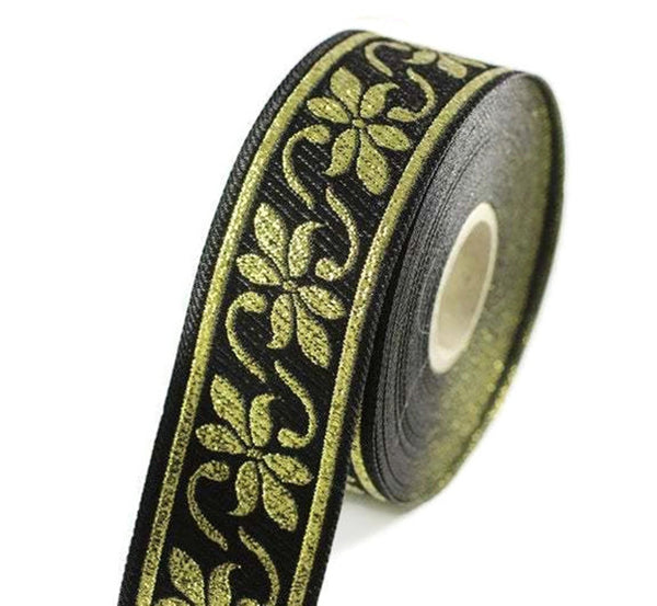 16 mm Black/Gold Floral Jacquard trim (0.62 inches), Decorative Craft Ribbon, Sewing, Jacquard ribbon, Trim, woven ribbons