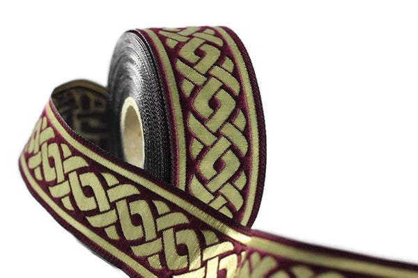 22 mm Gold&claret red Jacquard ribbons 0.86 inches, spiral Style Jacquard trim, Sewing Jacquard ribbons, woven ribbons, collars supply