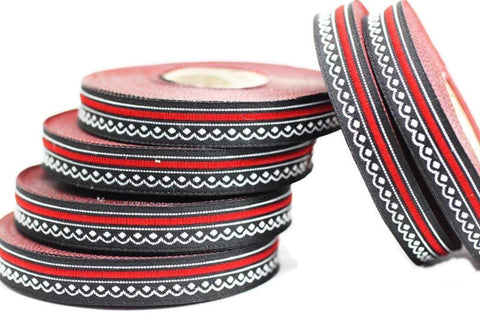 12 mm Red&Black Indian Motive Jacquard ribbon (0.47 inches), ribbon trim, french ribbon, Jacquard trim, collar supplies