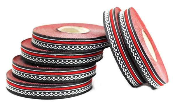12 mm Red&Black Indian Motive Jacquard ribbon (0.47 inches), ribbon trim, french ribbon, Jacquard trim, collar supplies