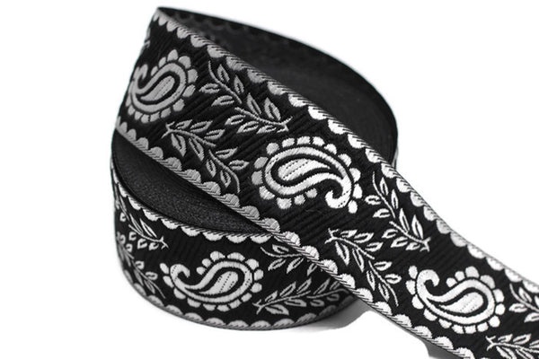 35 mm Black/Silver Leaf ribbons (1.37 inches), ribbon trims, jacquard ribbons, fabric ribbons, vintage trim, ribbon for collar ribbon 35059