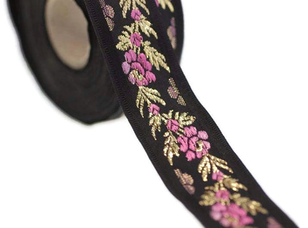 35 mm Black Front Pink Floral Jacquard ribbon (1.37 inches), Jacquard trim, Balkans Decorative Ribbon, Sewing Trim, Collar Trim, 35011