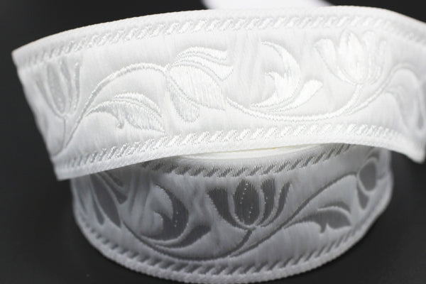35 mm White ribbons, Jacquard ribbons (1.37 inches), Tulips embroidered ribbon, Jacquard trim, ribbon trim, trimming, sewing trims,