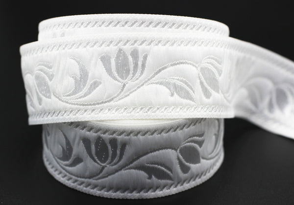 35 mm White ribbons, Jacquard ribbons (1.37 inches), Tulips embroidered ribbon, Jacquard trim, ribbon trim, trimming, sewing trims,