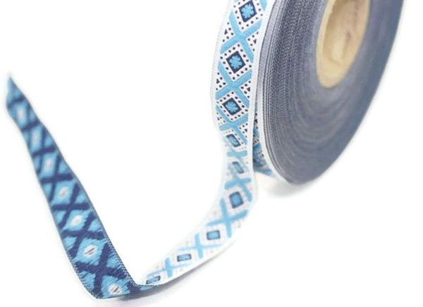 11 mm Blue&Light Blue Triangle Motive Jacquard ribbon, (0.43 inches), jacquard ribbon, triangle ribbon, french ribbon, Jacquard trim, 11693