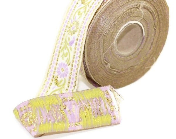 35 mm White & Lilac Floral Jacquard ribbon (1.37 inches), Jacquard trim, Sewing Trim, Collar Trim, Ribbon by the yards, Vintage ribbon 35095